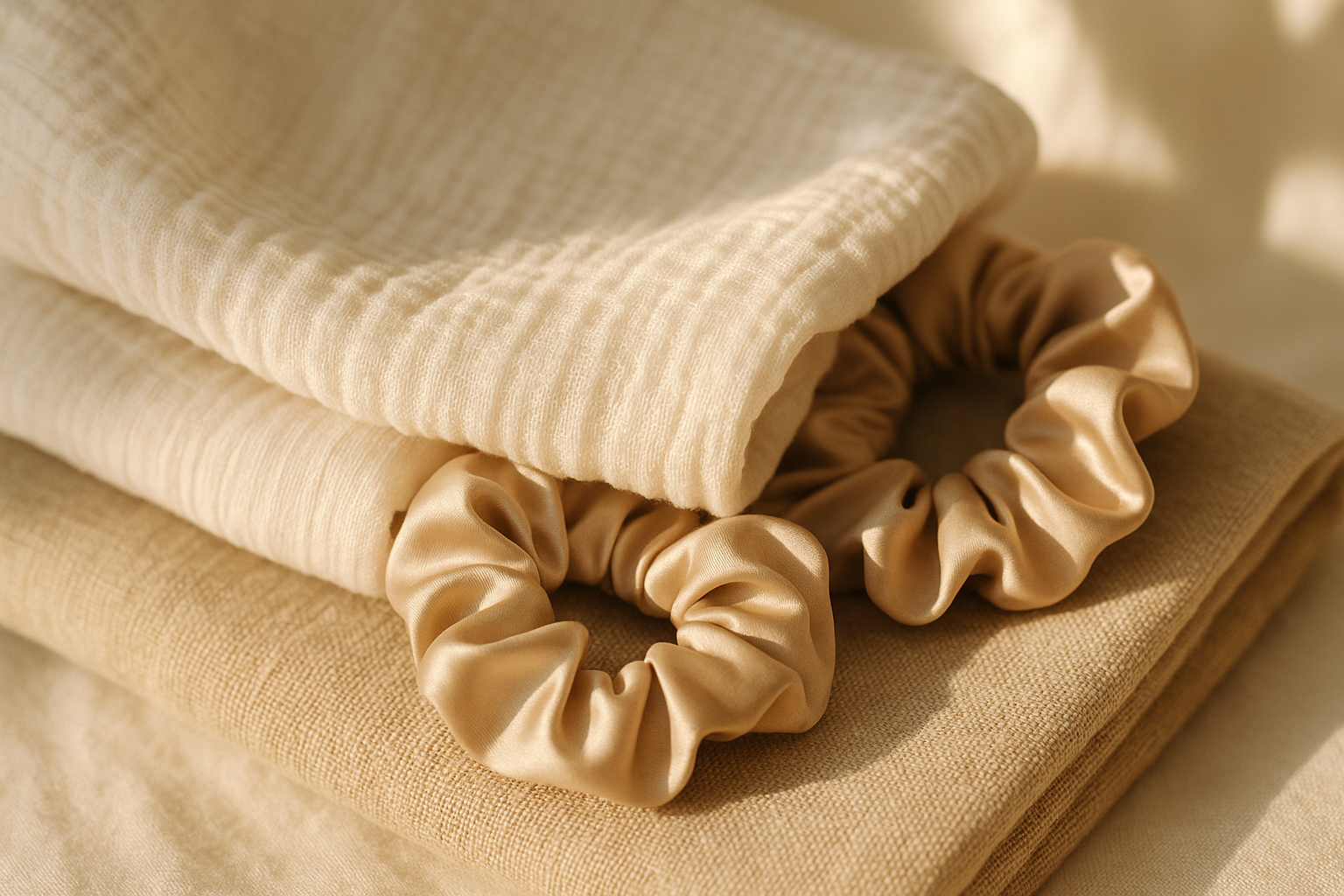 “Close-up of natural fabrics: soft cotton gauze, satin scrunchies, and linen textures stacked neatly. Warm neutral tones, sunlight filtering gently through, evoking softness, craftsmanship, and sustainability.”